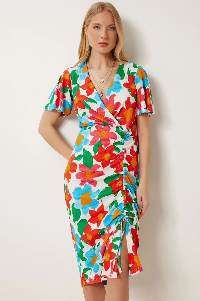 Women Pink Blue Floral Patterned Summer Knitted Dress - 1