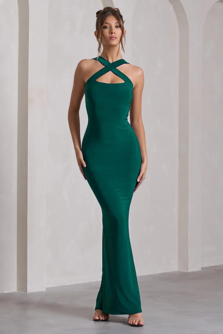 Shop Green Halter Neck Bodycon Maxi Evening Dress Online in Bahrain
