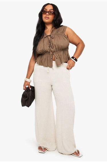 Plus Tie Front Peplum Linen Stripe - khaki