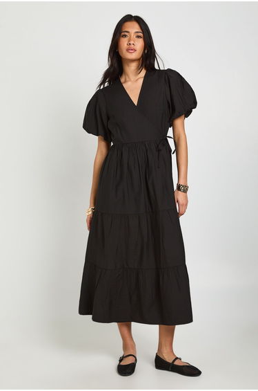 Textured Wrap Front Volume Sleeve Midaxi Dress - black
