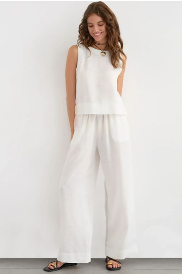 Linen Feel Blouse & Elastic Waist Pants Two-Piece Coord Set