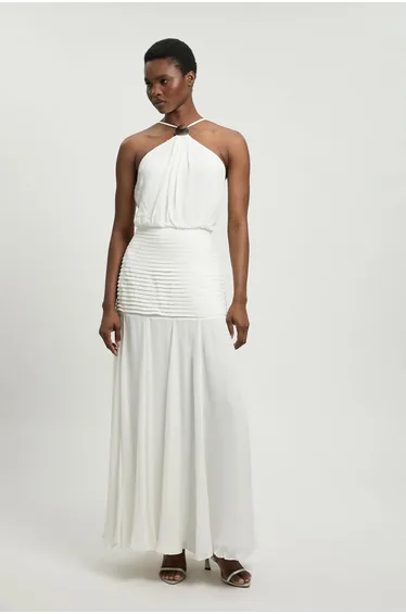Petite Viscose Georgette Drop Hem Woven Halter Neck Maxi Dress