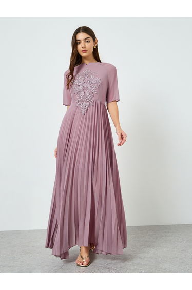 Women Lilac Embroidered Lace Pleated Maxi Dress