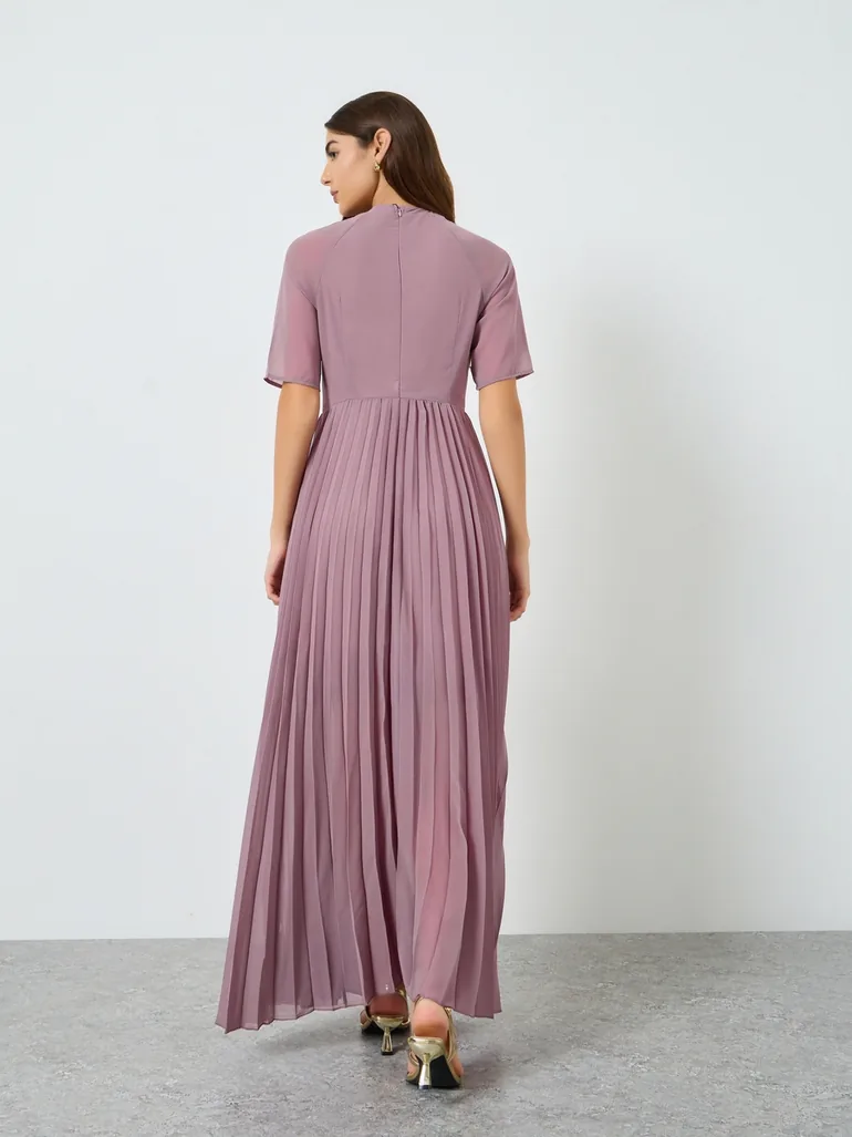 Women Lilac Embroidered Lace Pleated Maxi Dress - 4