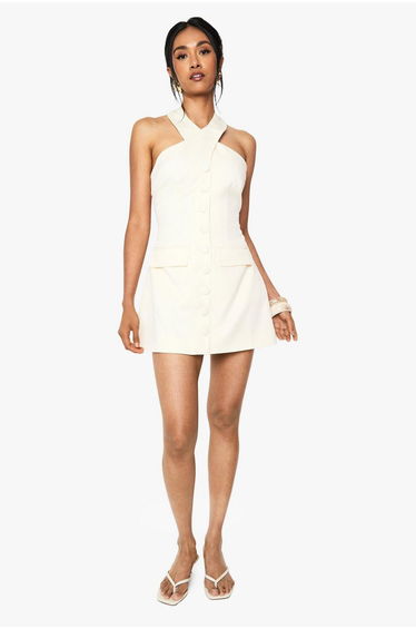 Halterneck Tailored Micro Mini Dress - ivory