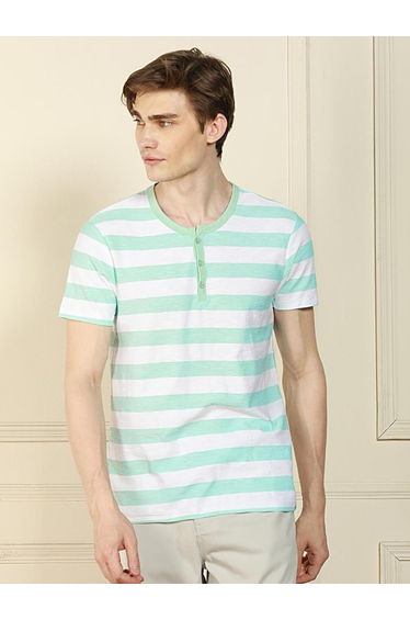 Men Green Striped Henley Neck T-Shirt