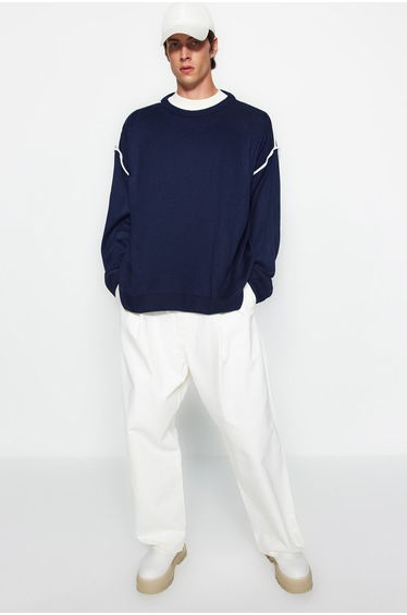 Navy Blue Oversize Fit Wide Fit Crew Neck Piping Detailed Knitwear Sweater