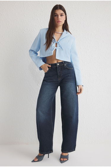Light Blue Tie Detail Lined Crop Blazer