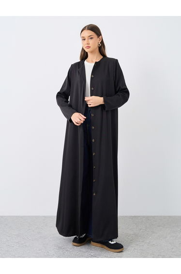 Solid Round Neck Open Front Abaya with Button Detail