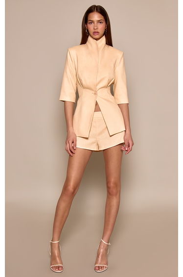 Peach Collared Trim Detail Short Sleeve Blazer