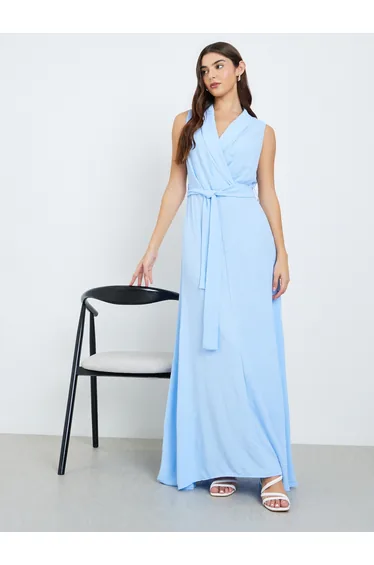 Women Blue Sleeveless Blazer Maxi Dress