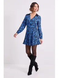 Blue Floral Lace Collar Detail Wrap Printed Mini Dress