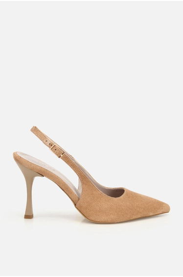 Women's Camel Suede Pointed Toe Open Back Stiletto Heel U Shoes