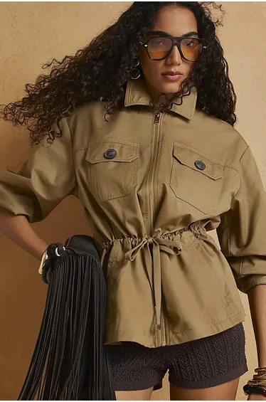 Beige Drawstring Waist Shacket