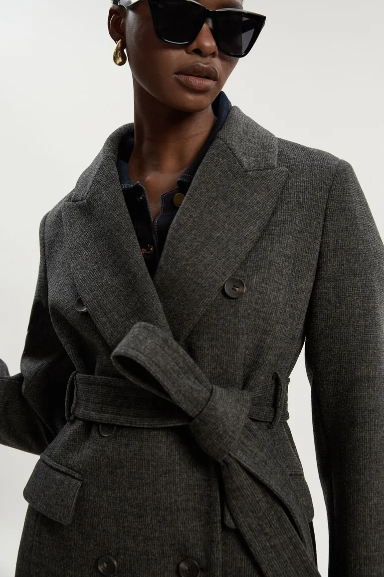 Brushed Wool Check Double Breasted Belted Tailored Maxi Coat - 1