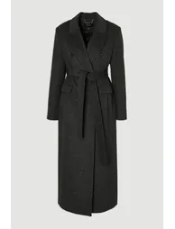 Brushed Wool Check Double Breasted Belted Tailored Maxi Coat - 3