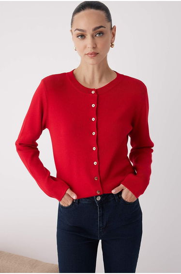 Red Button Detailed Cotton Basic Knit Cardigan