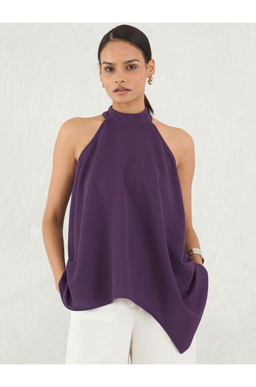 Deep Purple Asymmetric Hem Halter Neck Top