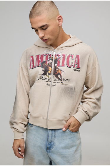 Stone Shrunken Fit America Western Distressed Washed Printed Zip Through Hoodie - stone