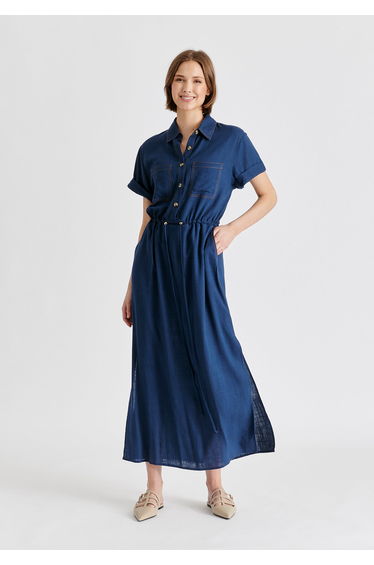 Linen Blend Shirt Dress with Stitch Details