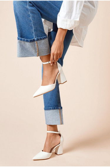 Blanche Ankle Strap Pointed High Block Heel Court Shoes