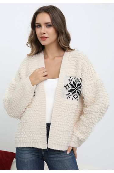 Nordic Snowflake Open Front Knit Cardigan in Ivory