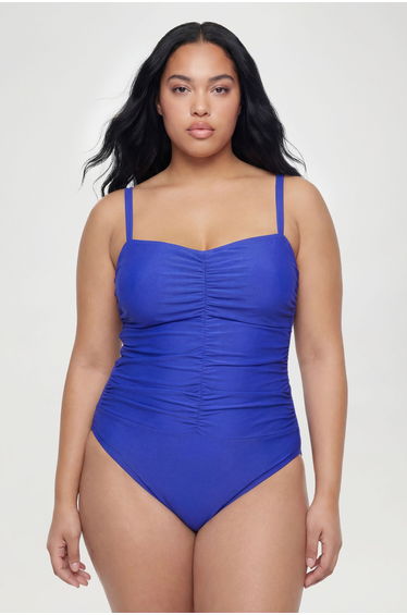 Plus Tummy Control Ruched Front Tie Detail Swimsuit - cobalt