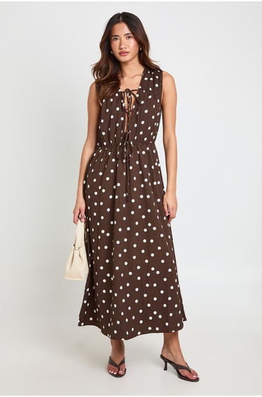 Polka Dot Tie Front Midaxi Dress - chocolate