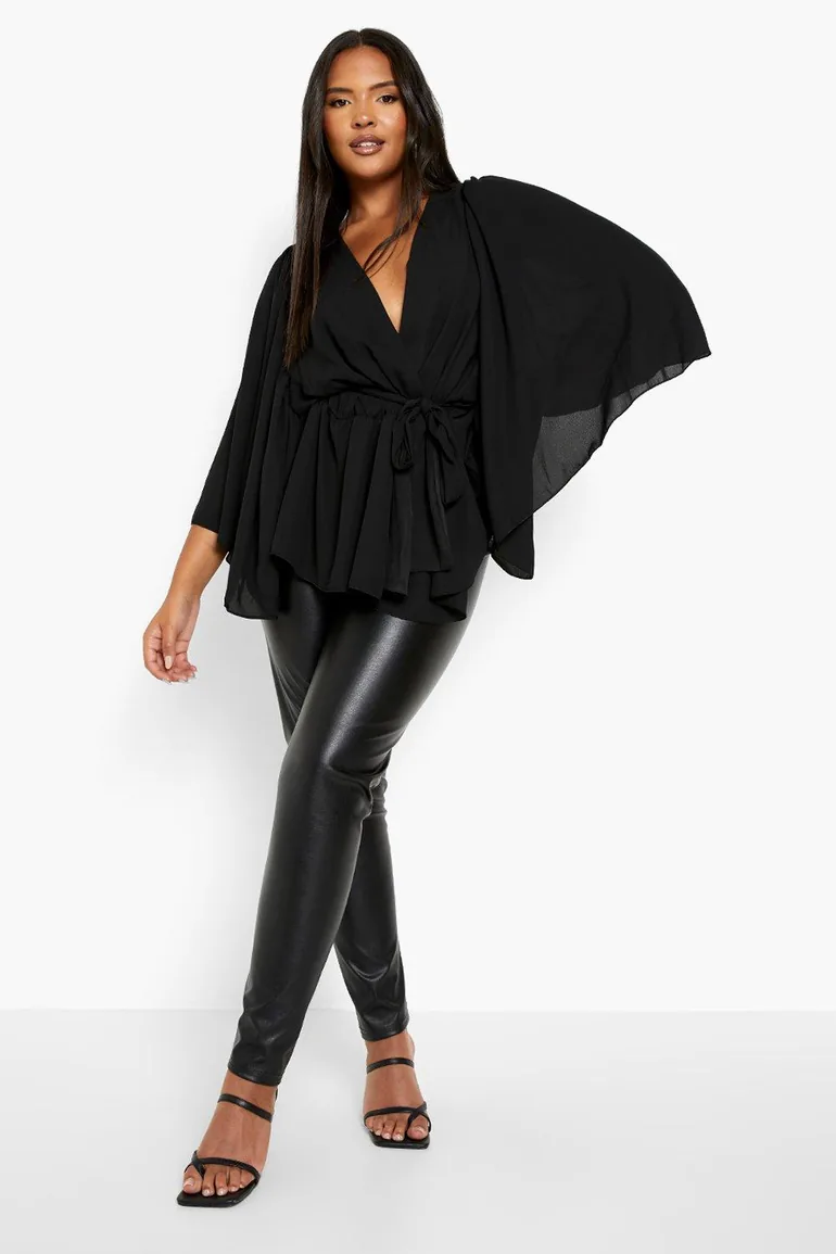 Plus Angel Sleeve Wrap Peplum Blouse - black - 2