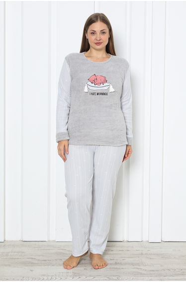 Gray Cat Printed Polar Fleece Plus Size Pajama Set