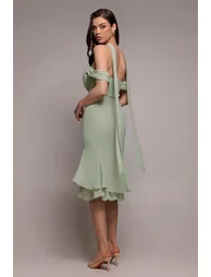 Chiffon Cowl Off Shoulder Wing Tiered Midi Dress - Sage Green by Goddiva - 1