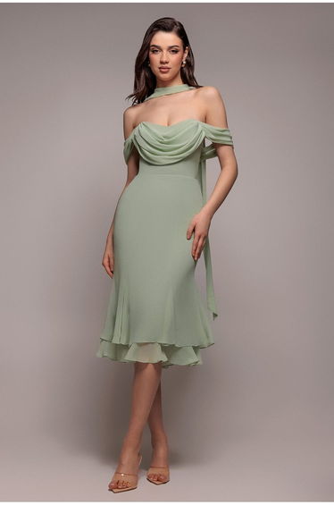 Chiffon Cowl Off Shoulder Wing Tiered Midi Dress - Sage Green by Goddiva
