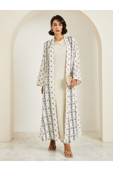 Women Cream All-Over Printed Open Front Abaya