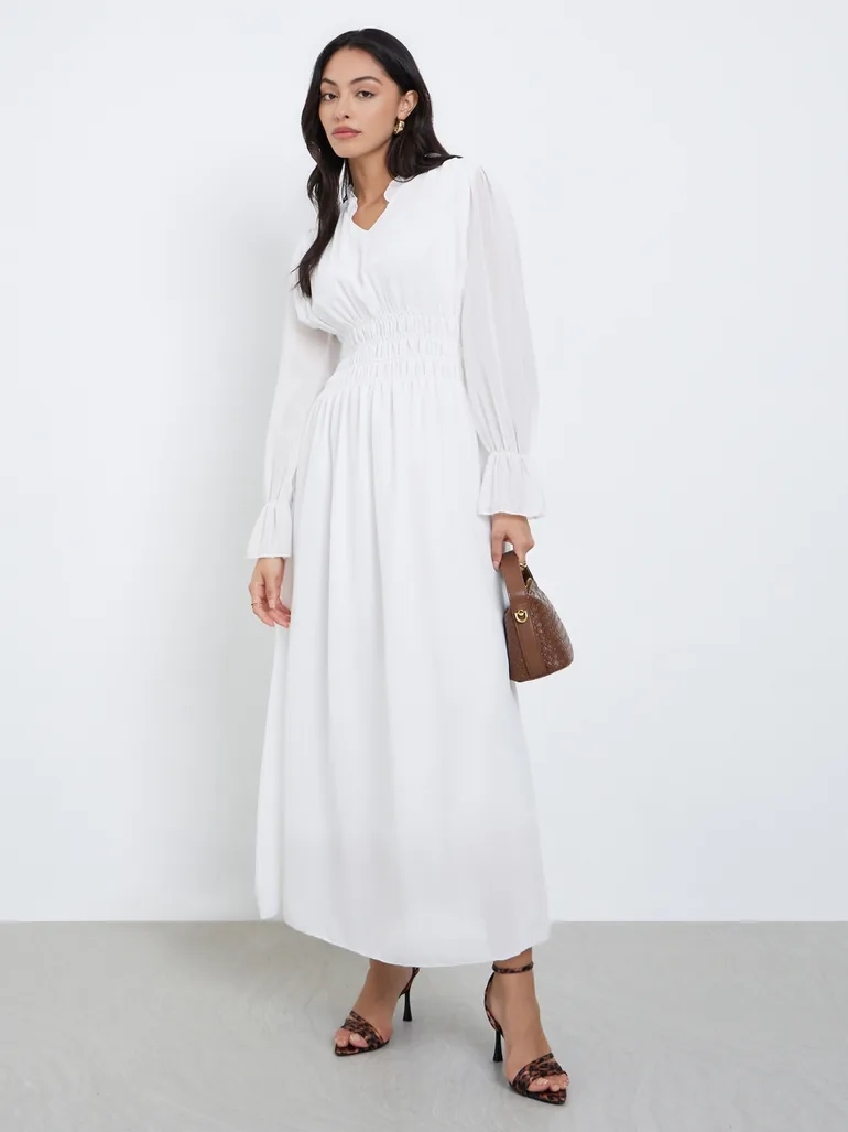 White Smocked Waist Midi Dress Styli White : Day Dresses : VogaCloset Oman