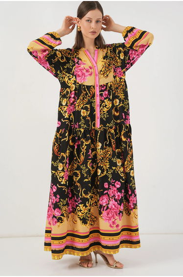BDART Floral V-Neck Maxi Dress with Button Closure