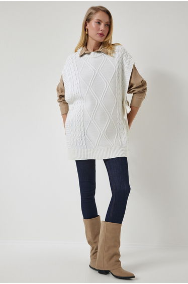 Women's Ecru Tie Detailed Oversize Knitwear Sweater