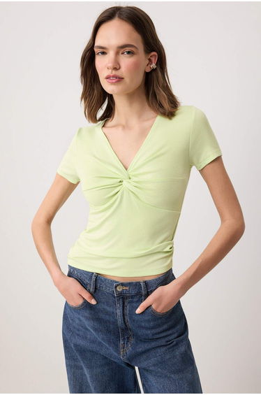 Pistachio Green Fitted/V-Neck Ruched Soft Knitted Blouse