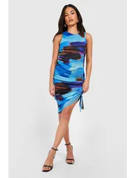 Ruched Hem Abstract Bodycon Midi Dress - blue