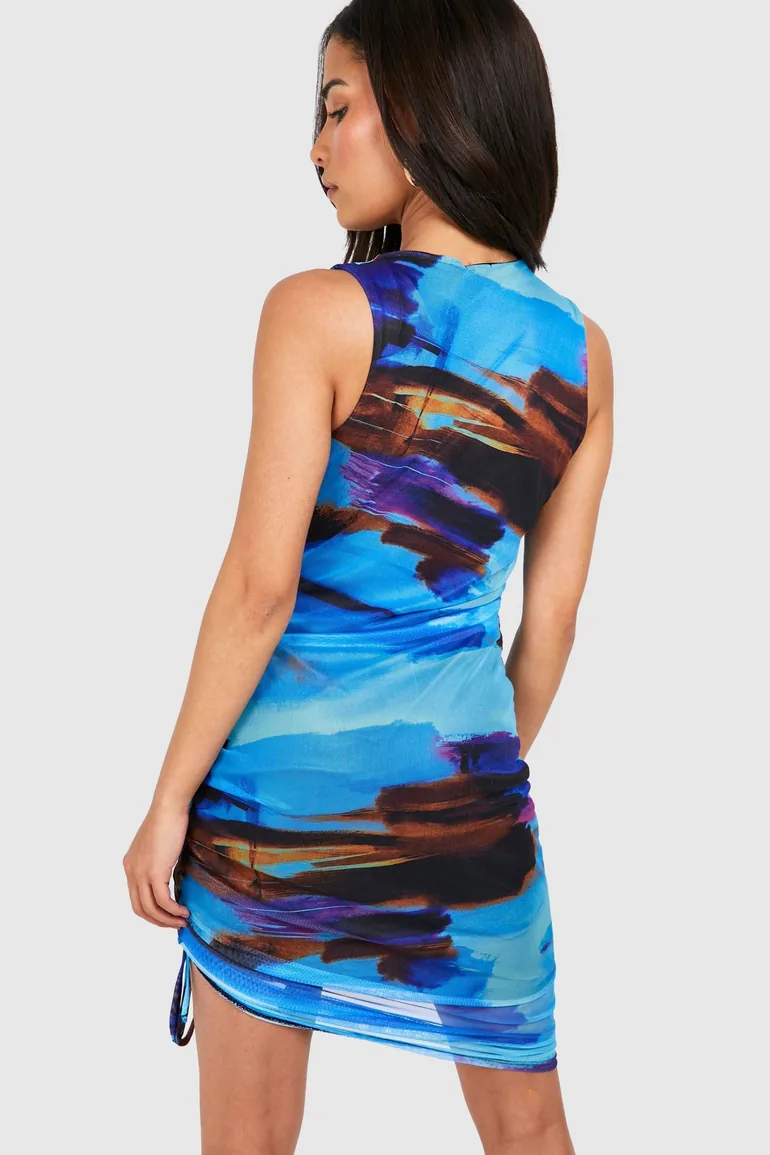 Ruched Hem Abstract Bodycon Midi Dress - blue - 2