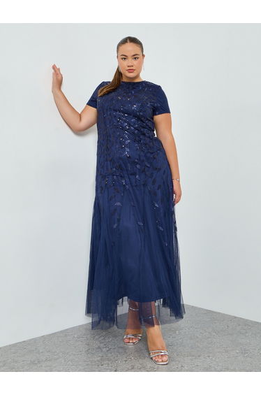 Plus Size Navy Blue Embellished A-Line Maxi Dress