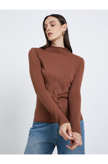 Brown Mock Neck Textured Knit Fitted Top