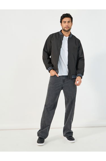 Contrast Rib Detail Bomber Jacket with Welt Pockets