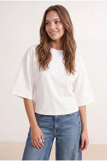 Ecru Oversized /Wide Fit Batwing Sleeve Three Quarter Sleeve 100% Cotton Knitted T-Shirt