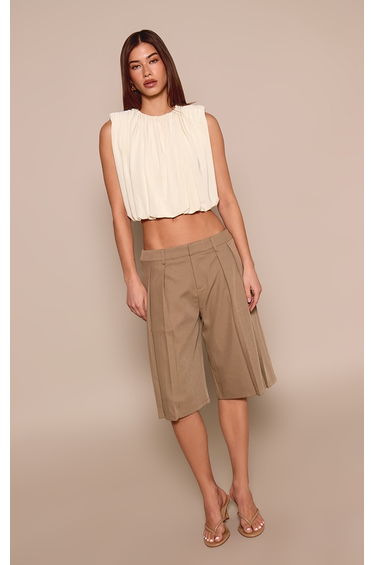 Cream Slinky Bubble Hem Shoulder Detail Top