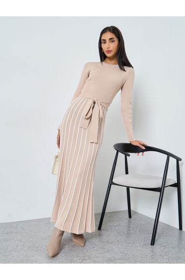 Striped Long Sleeves Sweater A-Line Maxi Dress