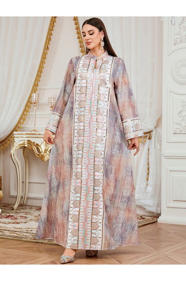 Women Sequin Embroidered Panel Notch Neck Jalabiya