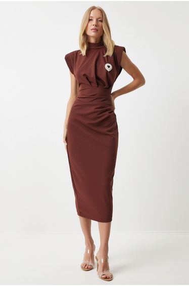 Women's Brown Stylish Brooch Gathered Saran Knitted Dress
