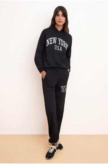 Black Printed Hooded Pocketed Regular Knitted Tracksuit Set