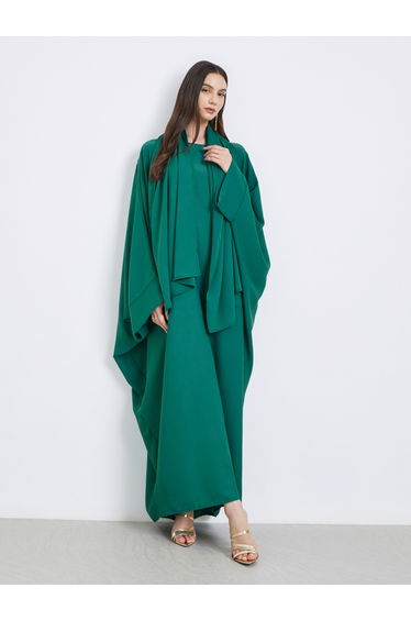 Solid Batwing Sleeve Abaya with Hijab Set