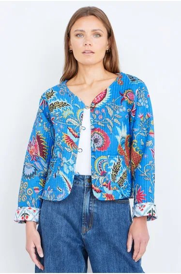 Yumi Blue Boho Print Cotton Reversible Quilted Jacket